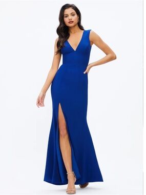 Dress the Population Sandra Blue Plunge Mermaid Trumpet Maxi Gown M